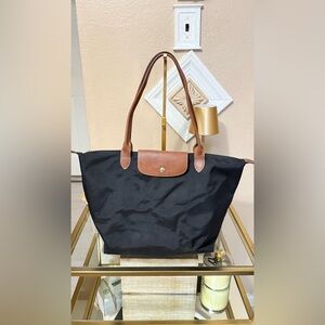 Longchamp Black Tote with Brown Accents